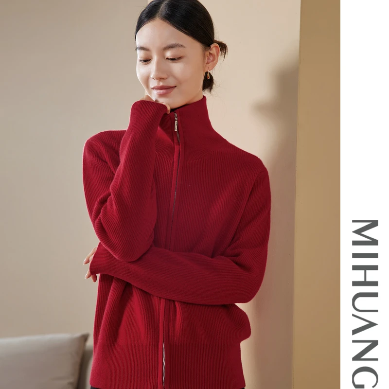 米皇秋冬翻领拉链羊绒女开衫高领半高领打底针织时尚522117