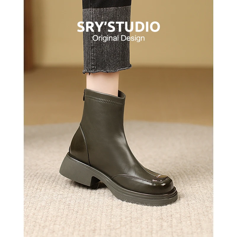 CZ6926牛皮英伦风后拉链烟筒靴女复古马丁靴子春秋季小短靴