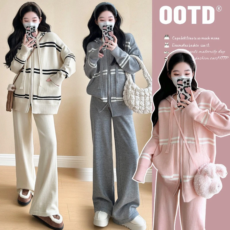 秋冬新款套装连帽条纹时尚双拉链休闲款孕妇毛衣宽松套装