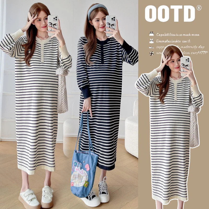 孕妇秋装新款休闲条纹连衣裙时尚款宽松显瘦气质孕妇裙子