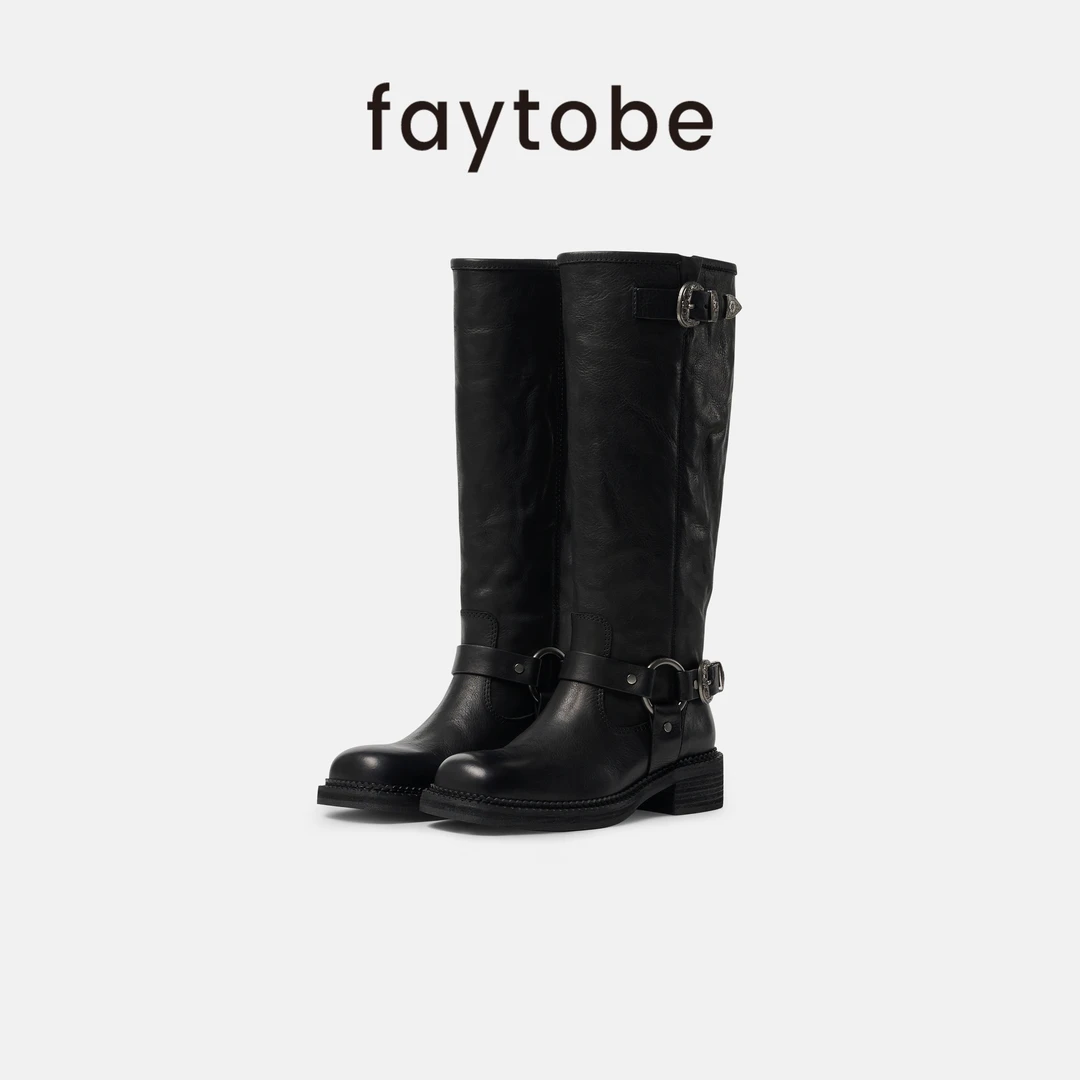 faytobe“山灵”重工骑士靴秋冬手工饰扣牛皮直筒马靴显瘦长靴