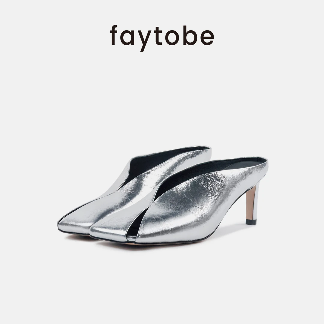 faytobe羊皮高跟鞋春夏新款欧美方头高跟拖鞋包头ins潮银色凉鞋
