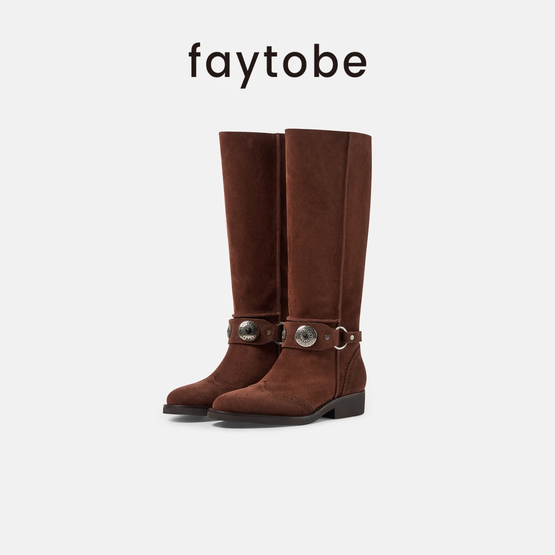 【faytobe】“索玛”堆堆靴秋百搭牛皮西部靴玛瑙饰扣牛京长靴*3色