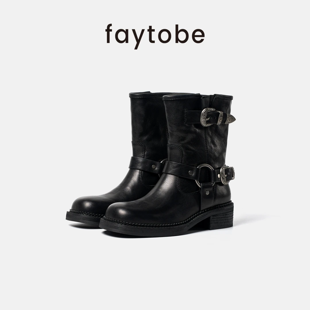faytobe金属扣短靴秋冬废土风做旧牛皮骑士靴个性环扣时装靴
