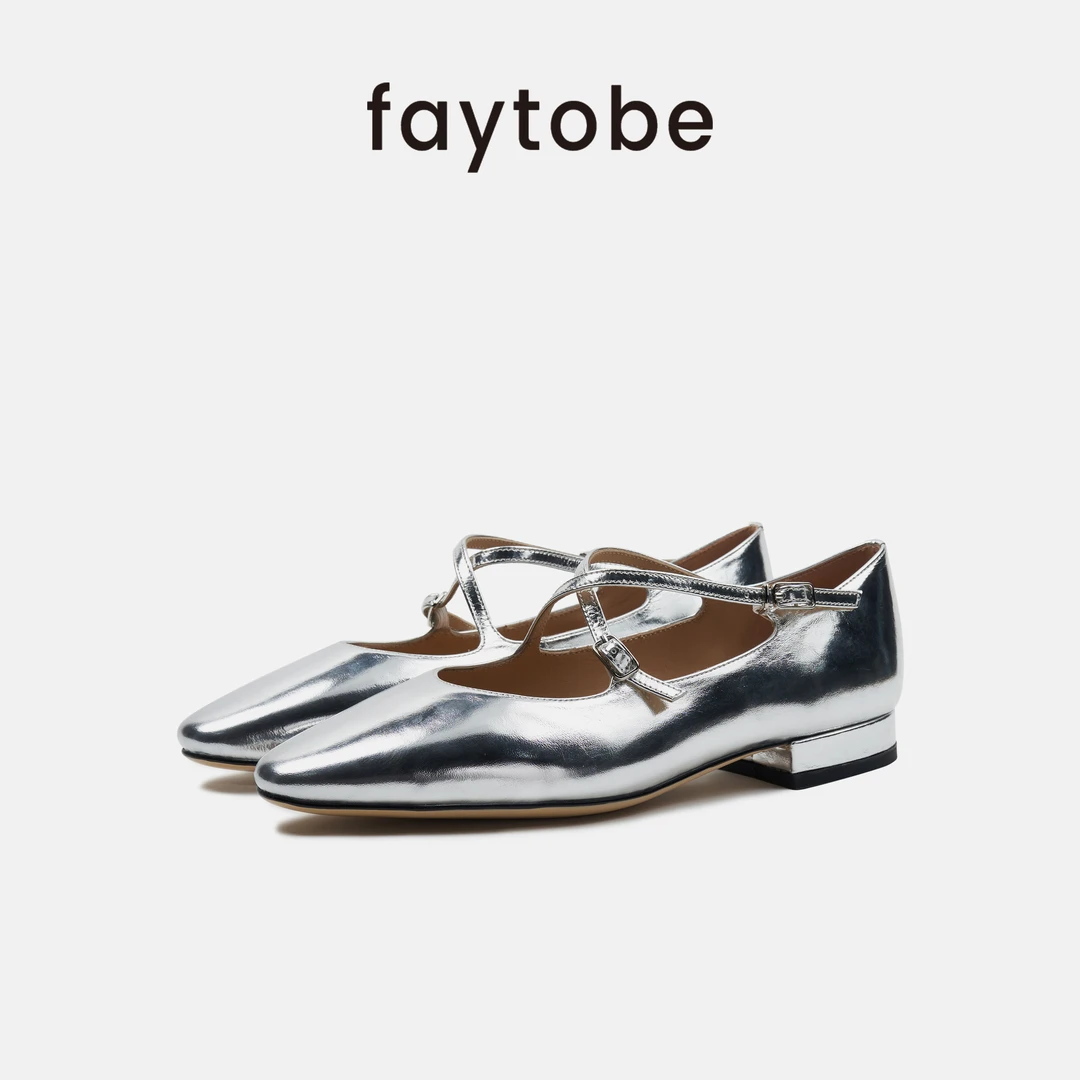 faytobe银色玛丽珍鞋25春交叉扣带牛皮平底鞋法式芭蕾浅口单鞋