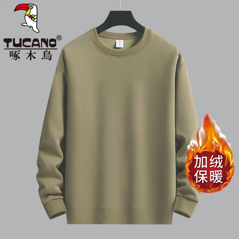 啄木鳥男圆领纯色卫衣大码秋冬季保暖宽松韩版休闲套头加绒厚上衣
