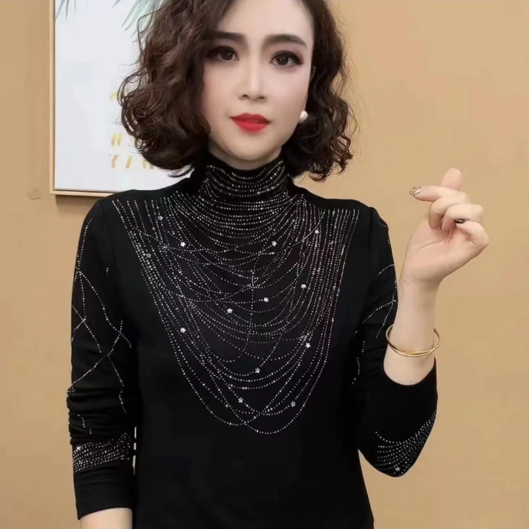 冬季新款上新德绒保暖打底衫女减龄烫钻洋气百搭时尚长袖女士上衣