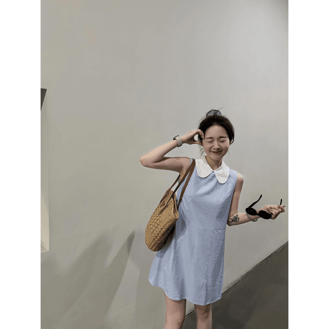 韩版短款衬衫式娃娃领蓝条纹无袖连衣裙2024夏季新款宽松显瘦裙子