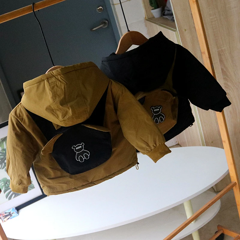 潮秋冬新款儿童夹棉加绒外套男童女童连帽加厚风衣宝宝外出服