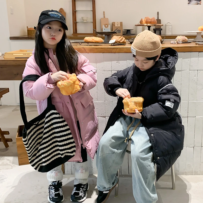 2024秋冬新款儿童防寒服中长款男童女童连帽加厚保暖韩版时尚外套