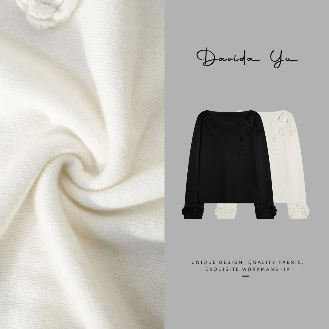 Davida Yu【十全十美】2025春季新款全绵羊毛手工缝花针织衫26690