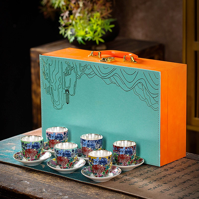 纯银鎏银茶杯陶瓷茶具功夫茶具主人杯个人杯珐琅彩茶杯6色送礼杯