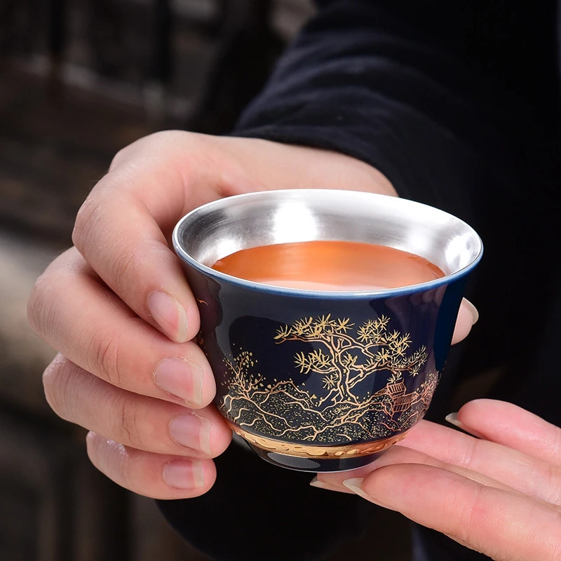 鎏银茶杯999纯银内胆功夫茶具陶瓷银杯子主人杯单杯品茗杯小茶杯