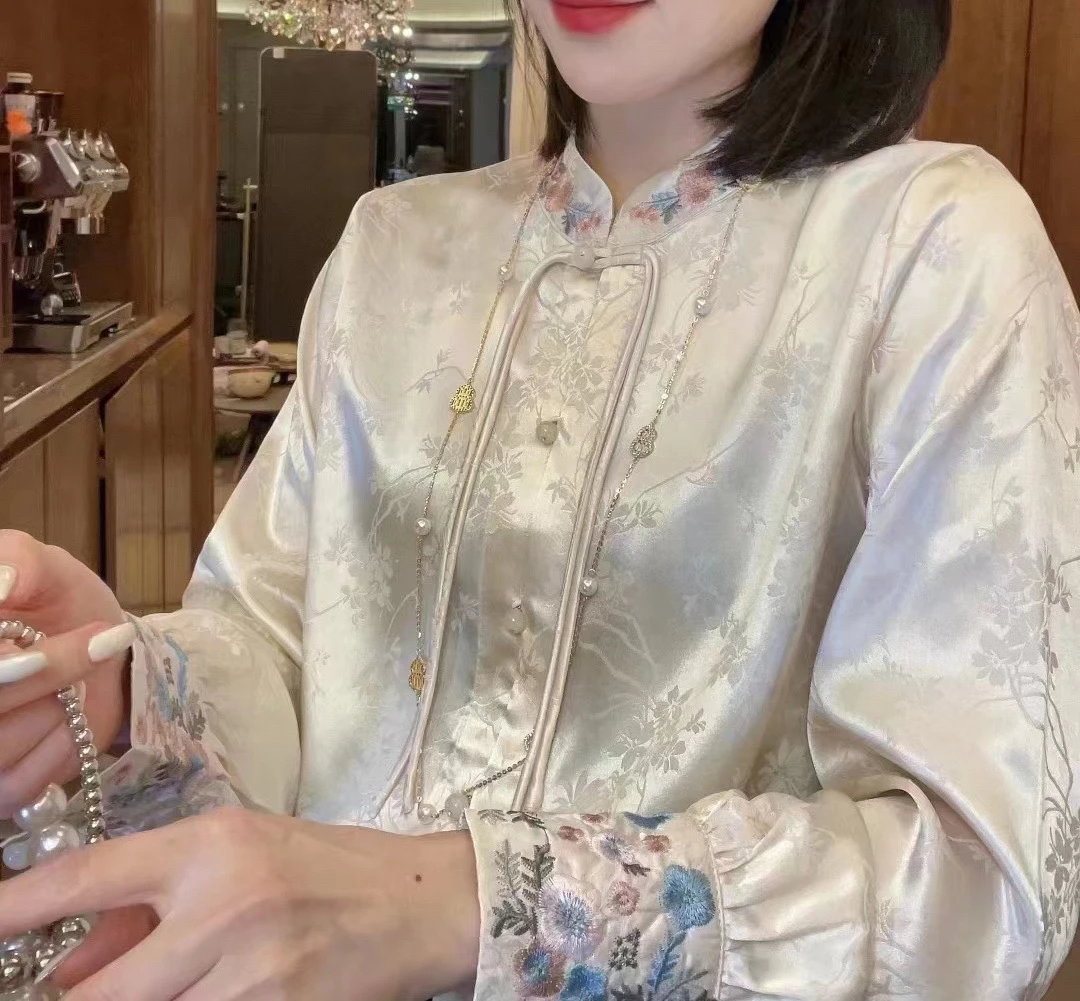 （韩莎）新中式刺绣上衣女装秋冬2024新款长袖衬衫立领唐装衬衣潮流