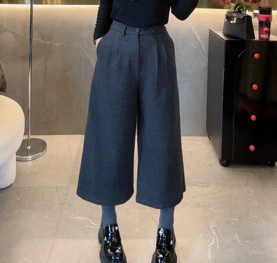 （韩熙）冬季新款高腰显瘦靴裤褶皱阔腿裤休闲毛呢西装裤八分裤