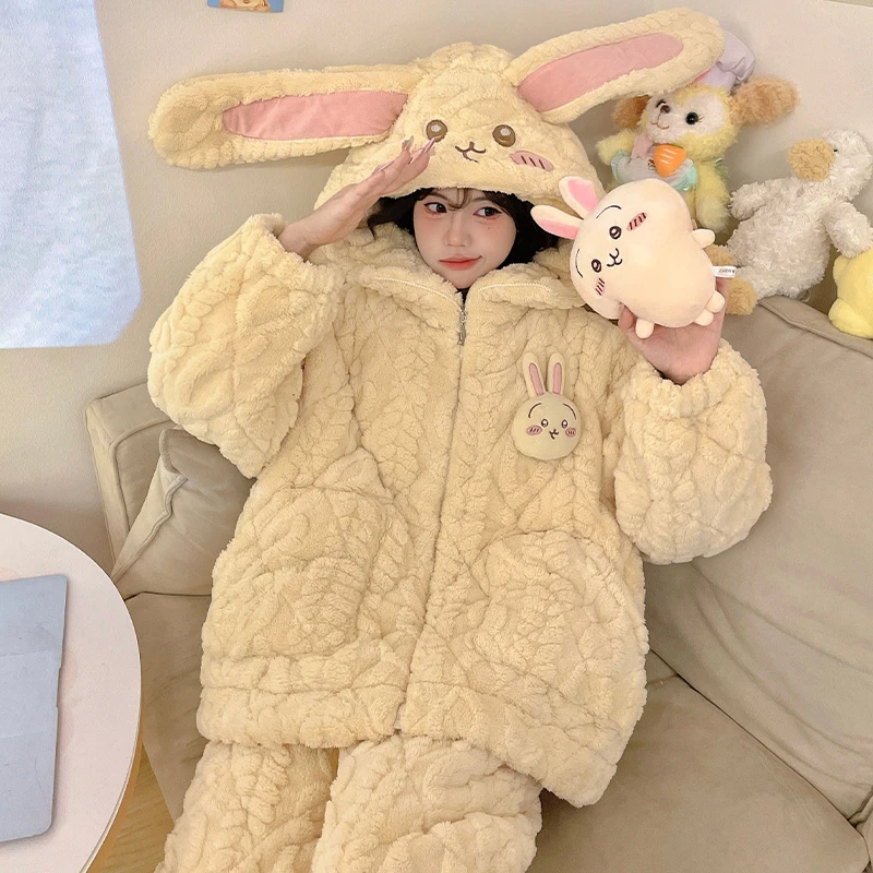 三层夹棉睡衣女秋冬季2024新款拉链加厚珊瑚绒卡通保暖冬天家居服