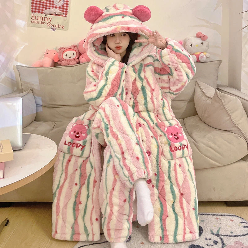 秋冬季珊瑚绒新款加绒加厚保暖连帽2024卡通睡袍女睡衣家居服套装
