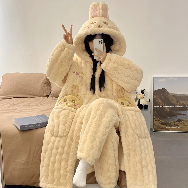 秋冬睡衣女三层夹棉袄长袍款珊瑚绒兔子可爱加厚法兰绒家居服套装