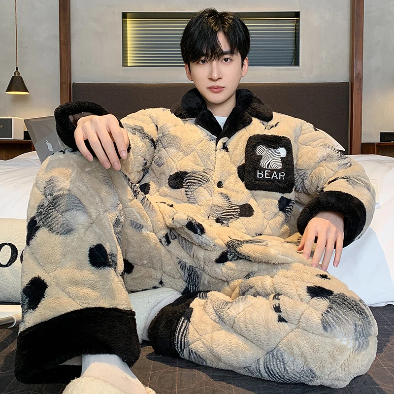 三层夹棉男士睡衣秋冬季加绒加厚珊瑚绒青少年男生冬天家居服套装