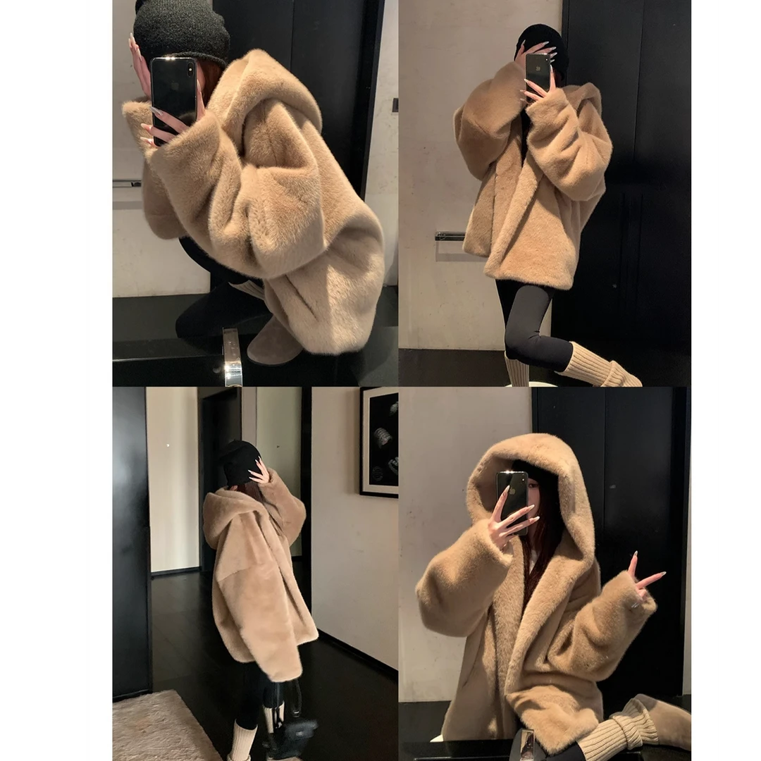 瑞士卷奶油环保毛毛外套女冬慵懒宽松短款连帽毛绒绒大衣毛毛外套