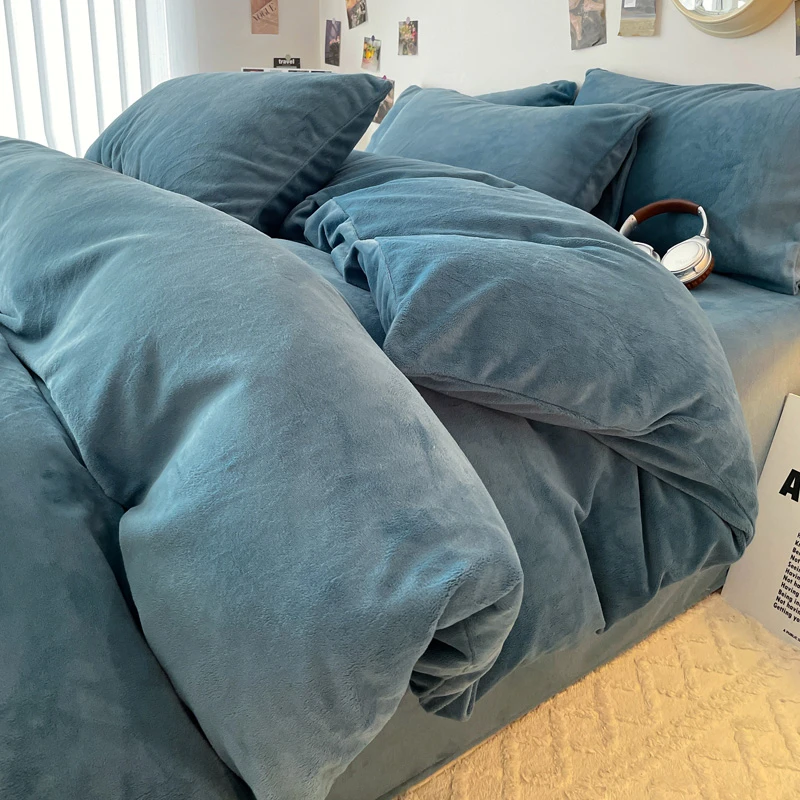 加绒四件套牛奶绒秋冬床上加绒被加厚珊瑚绒被套双面绒防寒三件套