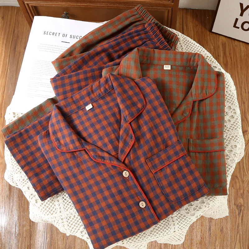 棉眠家全棉舒适家居服经典格子长袖长裤睡衣大码格子简约情侣款