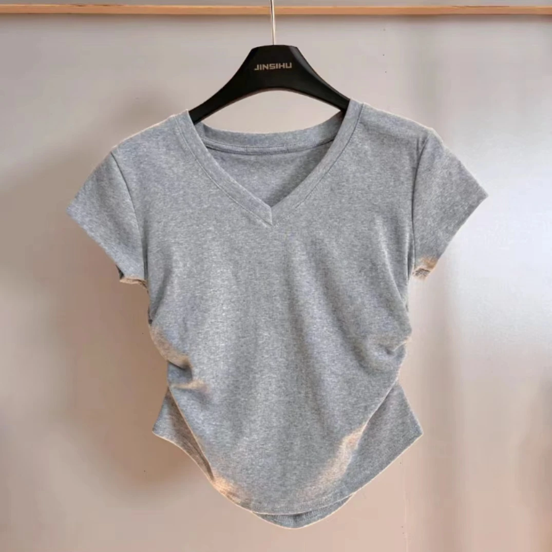 纯色正肩短袖女t恤2024新款收腰法式小上衣夏季修身半袖紧身掐腰