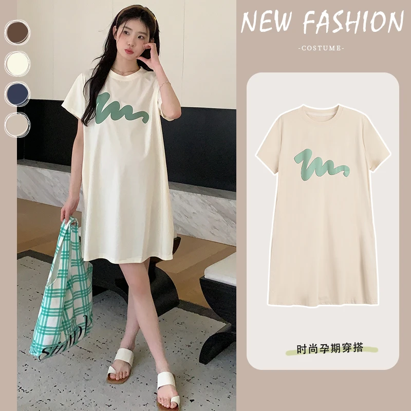 Moka孕妇夏装短袖连衣裙圆领中长款线条图案小个子夏季薄款T恤裙