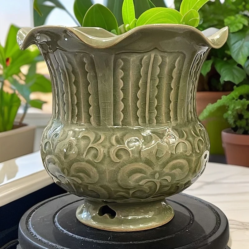 微瑕耀州窑青瓷刻花冰裂纹花口尊水洗茶洗香炉可复古中式大容量
