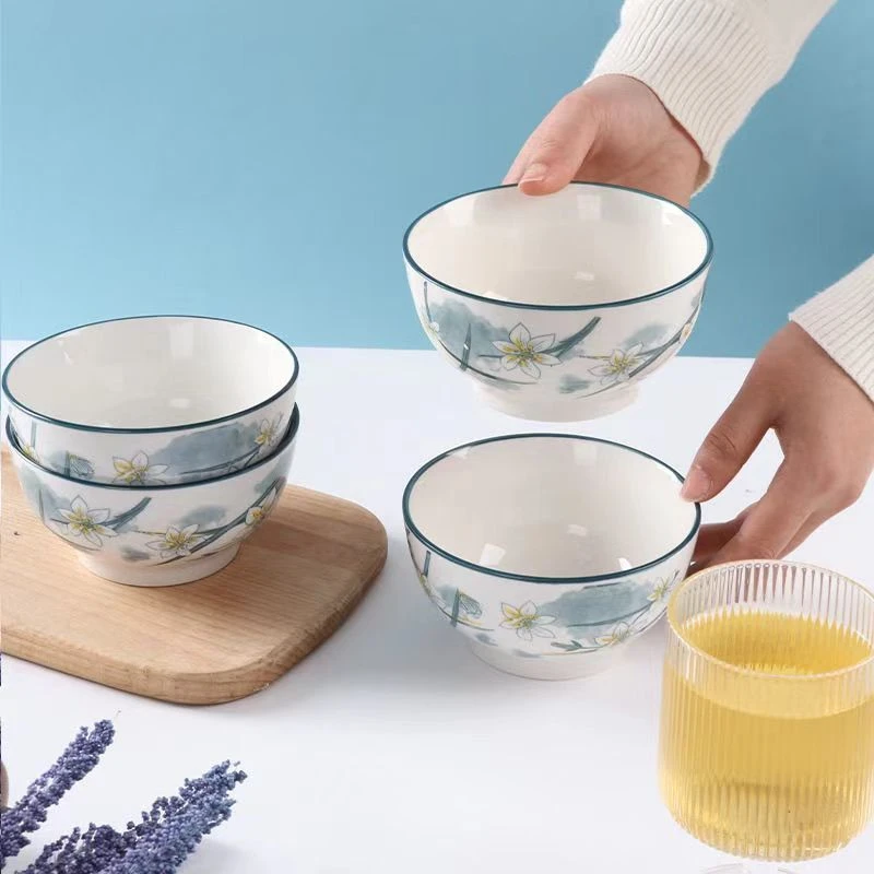 水仙花4.5英寸米饭碗10只装可爱家用创意陶瓷手绘日式吃饭碗