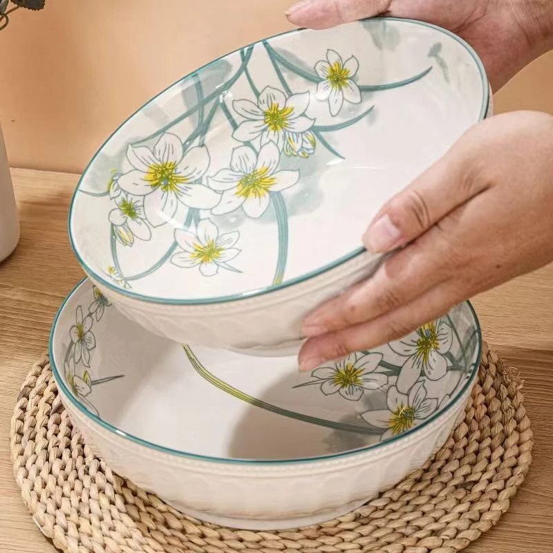 【2只装】水仙花9英寸大汤碗网红家用创意陶瓷日式沙拉碗双耳