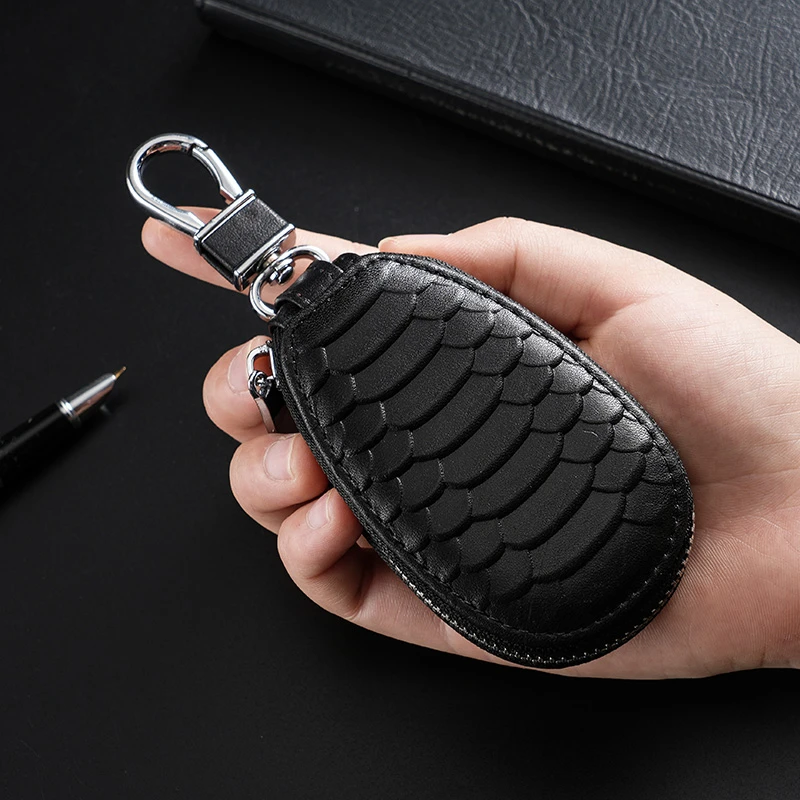 蛇皮纹钥匙包男款真皮拉链锁匙扣牛皮大容量多功能电动车钥匙扣新
