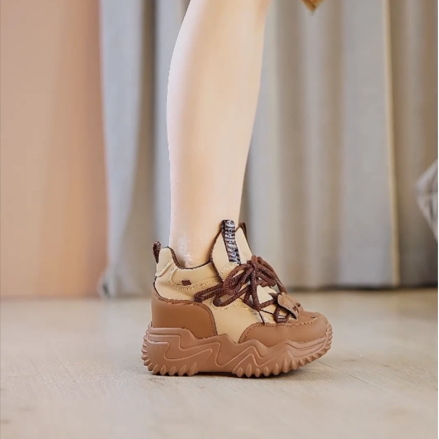 「欧若风」2025春季新款厚底松糕跟鞋子高帮休闲运动鞋爆款老爹鞋