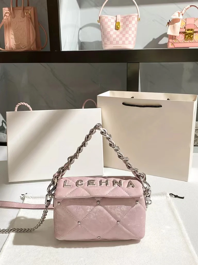 小香风盒子包2024新款高级感菱格链条包单肩斜跨百搭包—6926粉紫