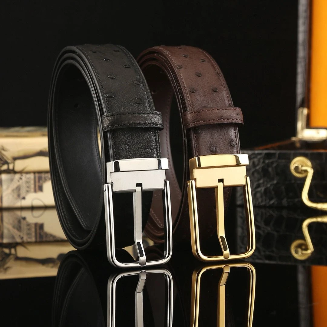 高档鸵鸟皮针扣商务男士皮带轻奢休闲百搭真牛皮腰带套装时尚真皮