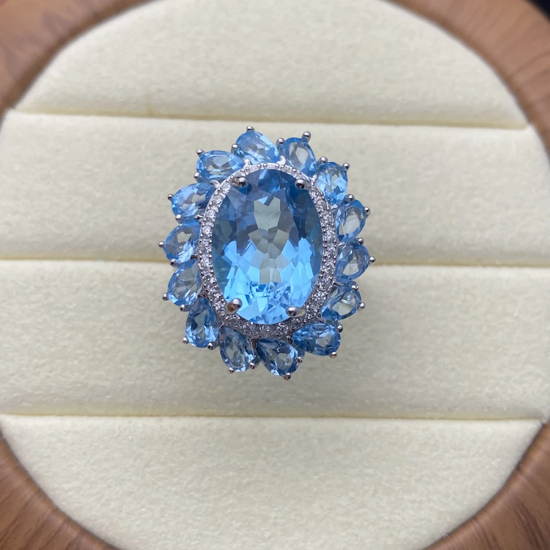 天然瑞士蓝托帕石戒指s925银轻奢豪华满钻气质时尚百搭（一物一证）