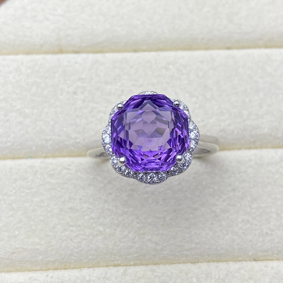 玫瑰切天然紫水晶戒指S925银10mm精致优雅气质时尚百搭一物一证