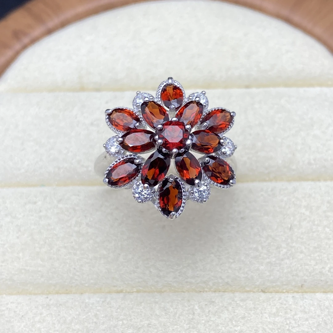 花天然石榴石戒指通体S925银红色轻奢满钻精美气质优雅时尚百搭