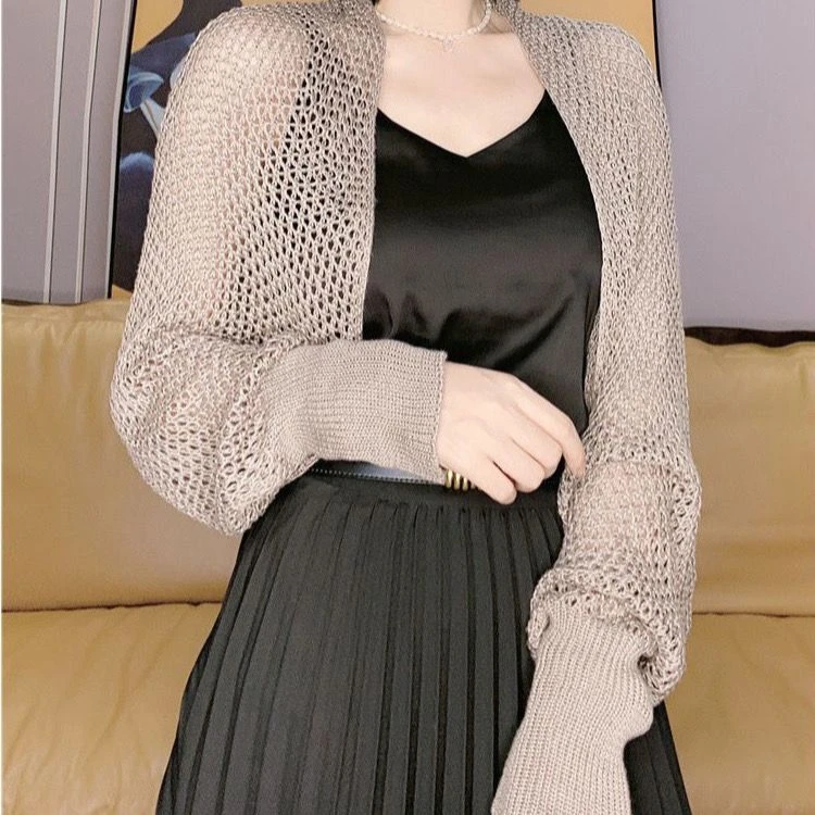 网格冰丝针织护颈椎夏季开衫外搭女短款小披肩空调衫薄款外套