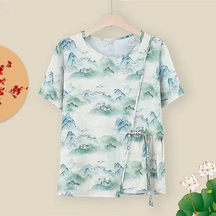 夏季薄款新中式国风中老年女装圆领衫百搭实时小衫