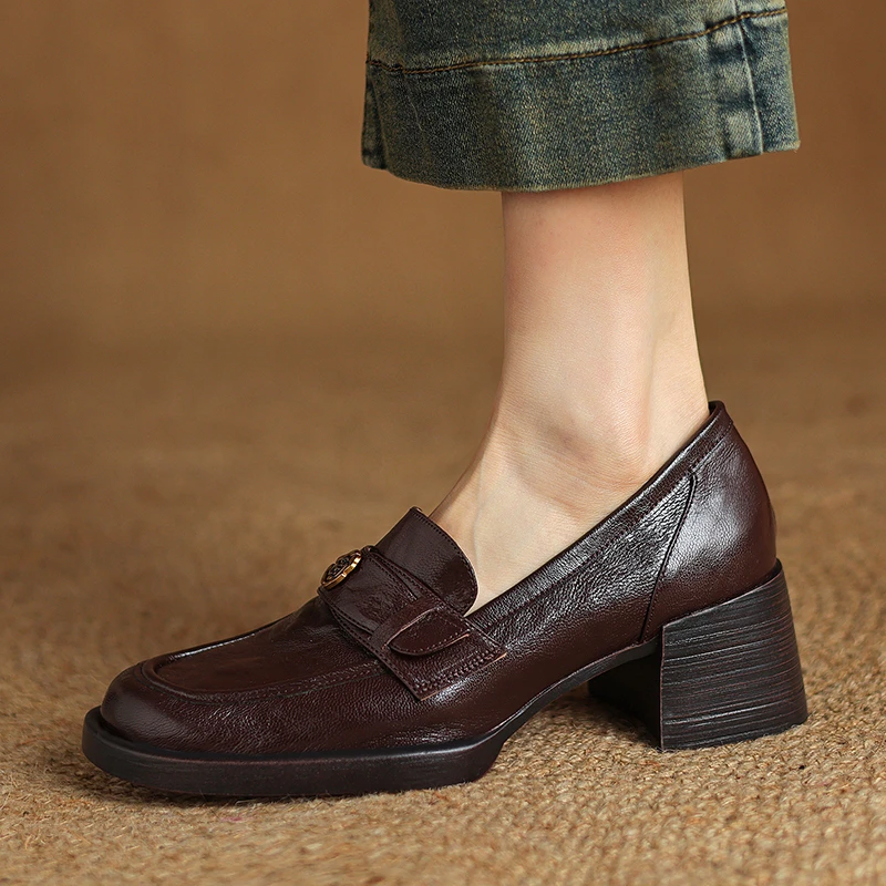 【李李夫妇】2025年春季新款粗跟圆头浅口鞋女真皮时尚高跟女鞋单鞋