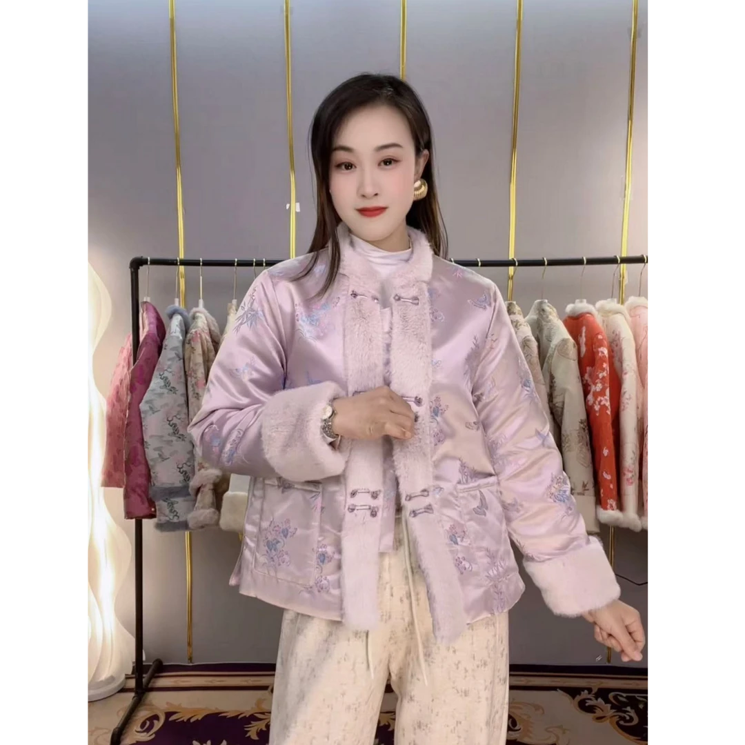 新中式外套女网红时尚复古加厚中国风ins立领短款加绒印花重工