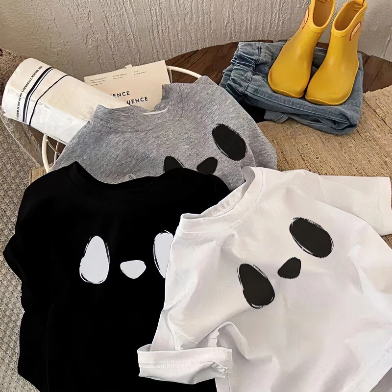 儿童纯棉夏季新款短袖T恤男女童宝宝简约熊猫眼印花洋气韩版上衣