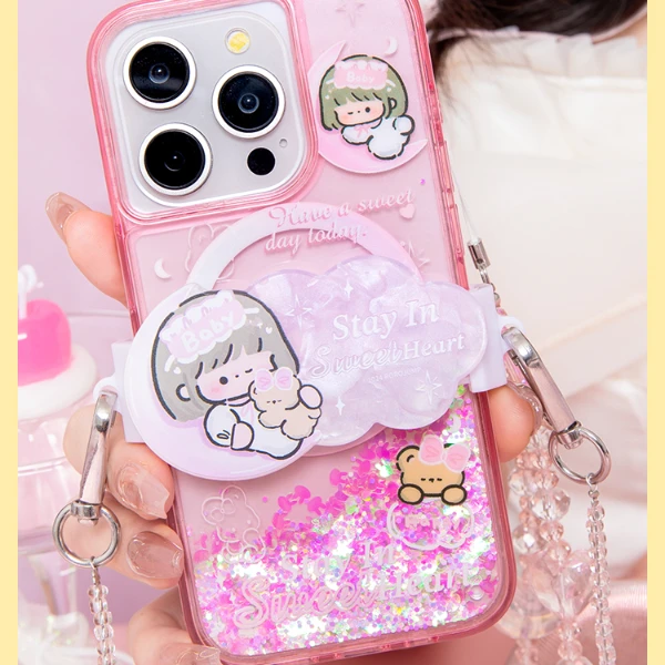 肉肉酱粉色梦境背夹斜挎长挂绳可拉伸手机壳抓夹卡通挂脖创意女