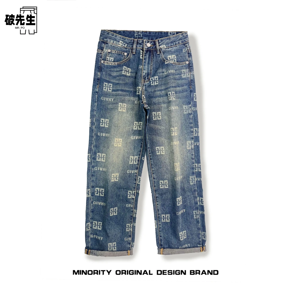 Mr.po/破先生高级感美式激光印花牛仔裤男宽松潮牌直筒拖地阔腿裤