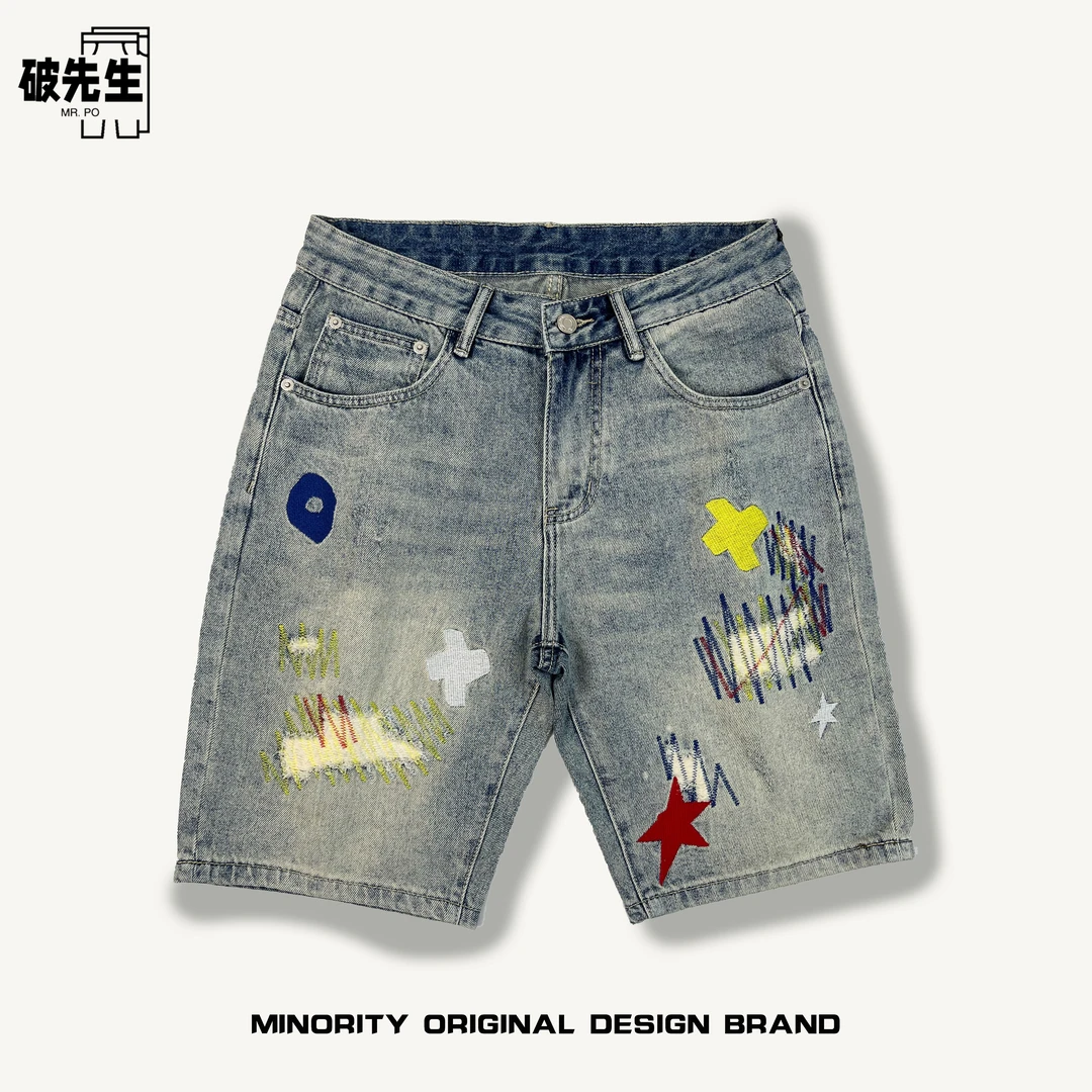 Mr.po/破先生重工破洞补丁刺绣牛仔短裤男痞帅炸街ins半截五分裤