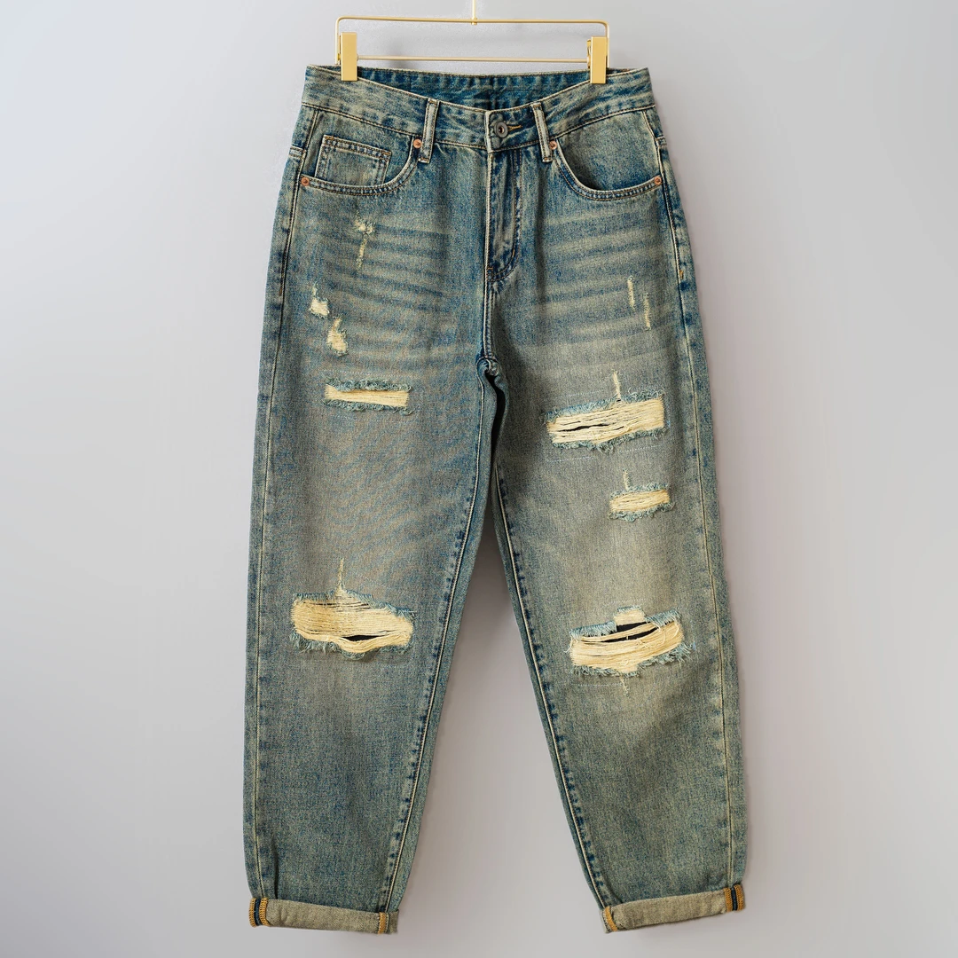 Mr.po/破先生潮牌ins美式复古怀旧破洞牛仔裤男直筒水洗潮流长裤