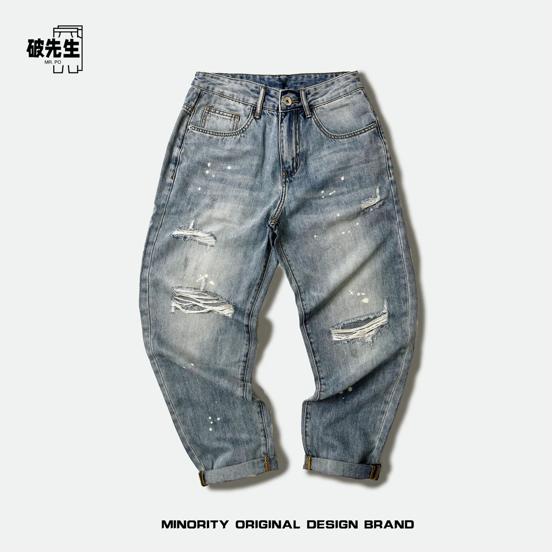 Mr.po/破先生痞帅水洗泼墨浅色破洞牛仔裤男宽松夏季薄款潮牌ins