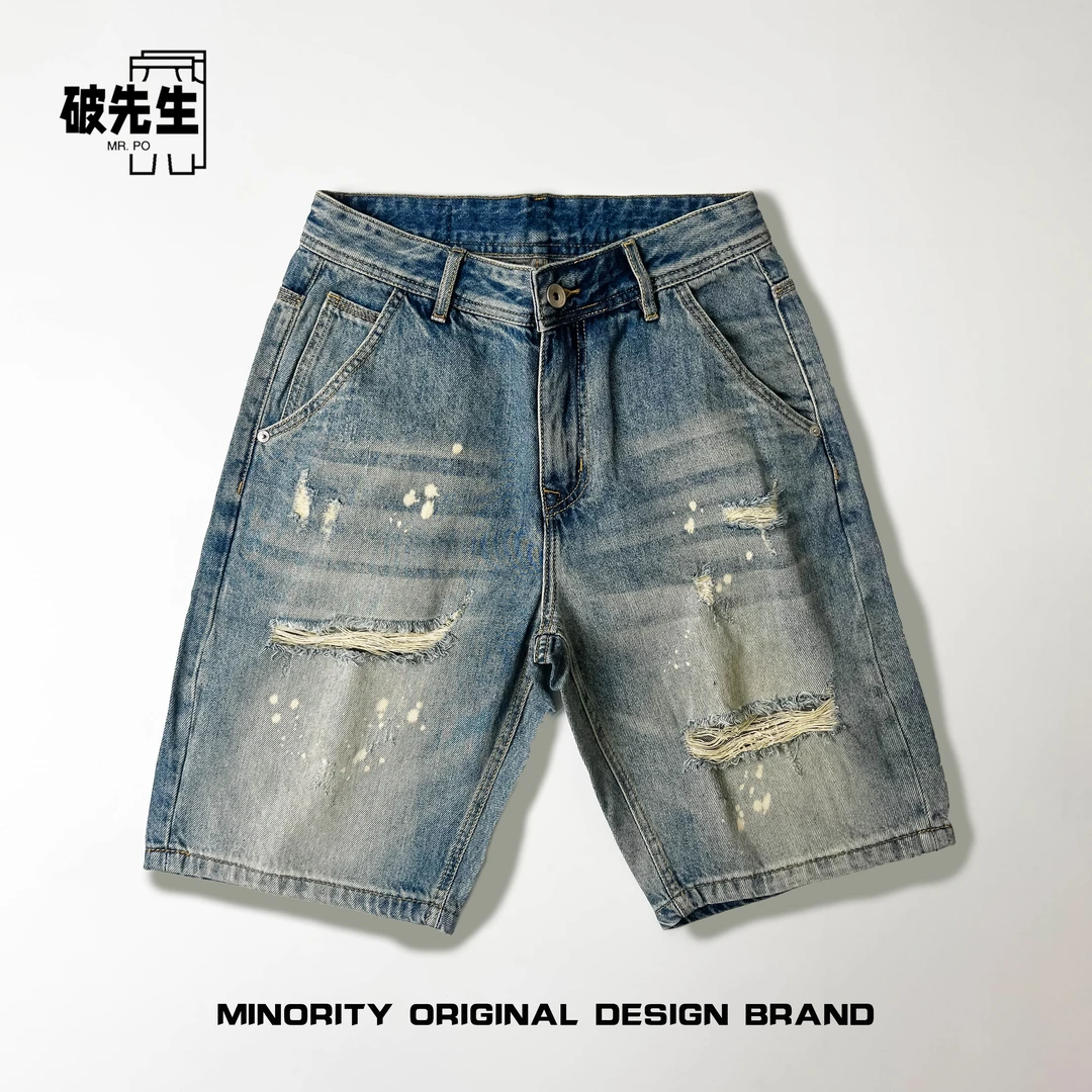 Mr.po/破先生高级设计感痞帅发型师泼墨牛仔短裤男破洞潮牌五分裤