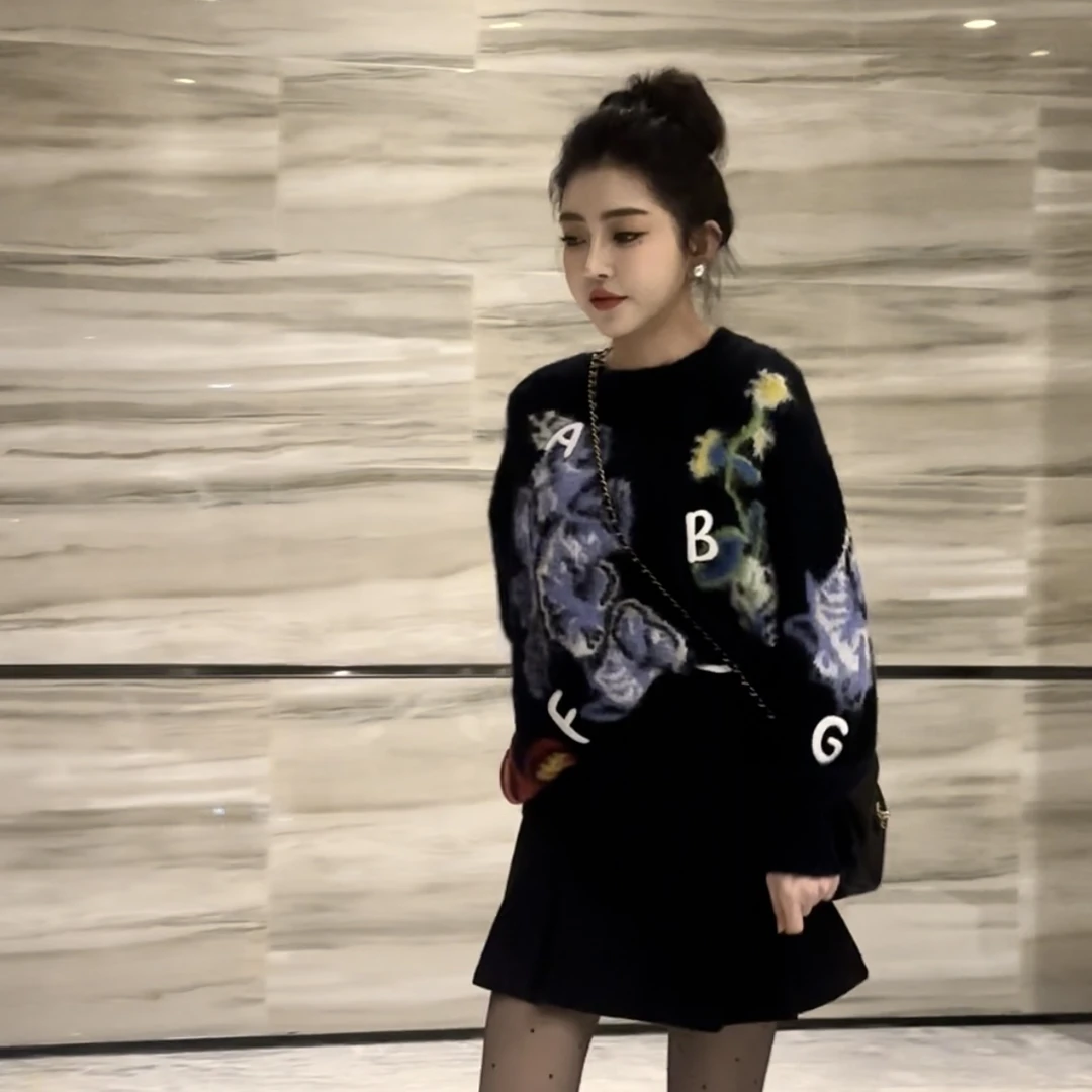 【珍珠定制】K29 花开暮色~彩色涂鸦毛衣 洋气秋冬百搭宽松 K29007